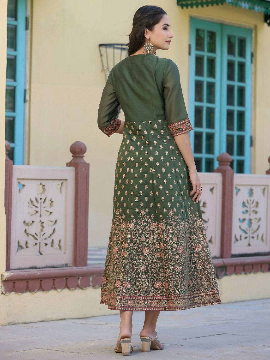 Juniper Women Olive Chanderi Printed Maxi Dress with Embroidered Yoke