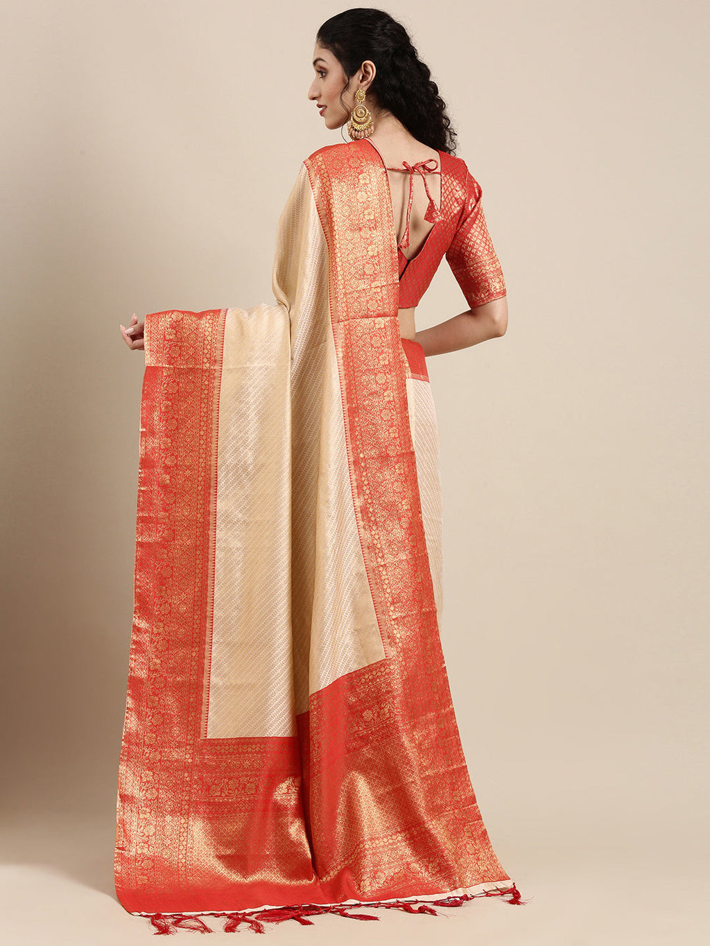 Saree Mall Off White & Red Woven Design Zari Silk Blend Banarasi Saree