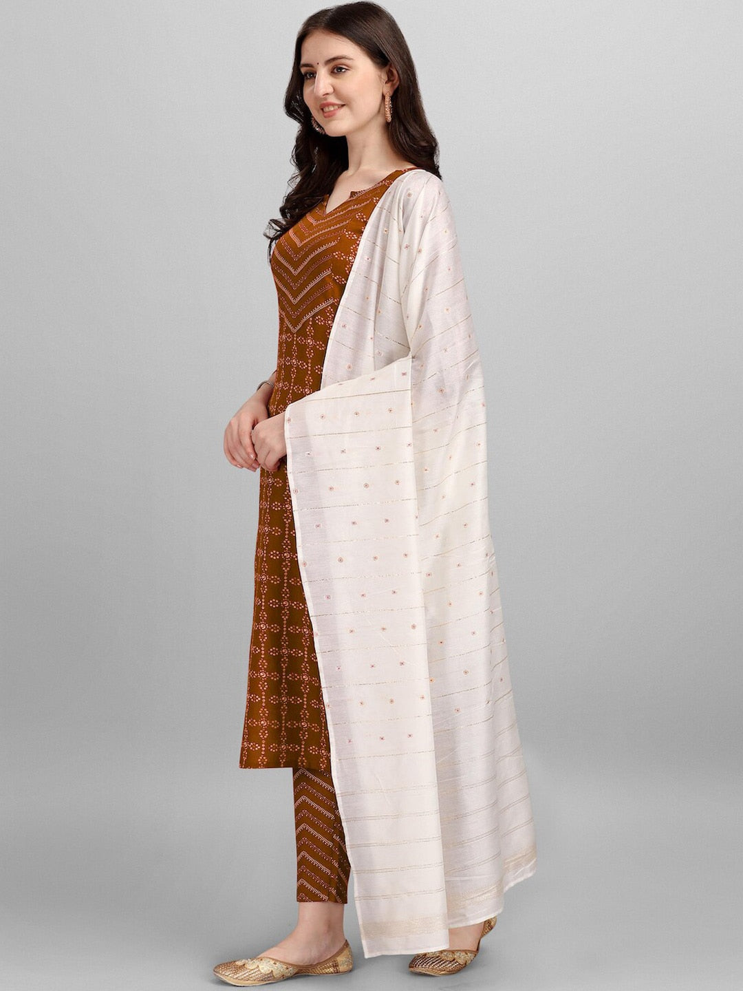 HERE&NOW Brown & White Regular Pure Cotton Kurta With Trousers & Dupatta