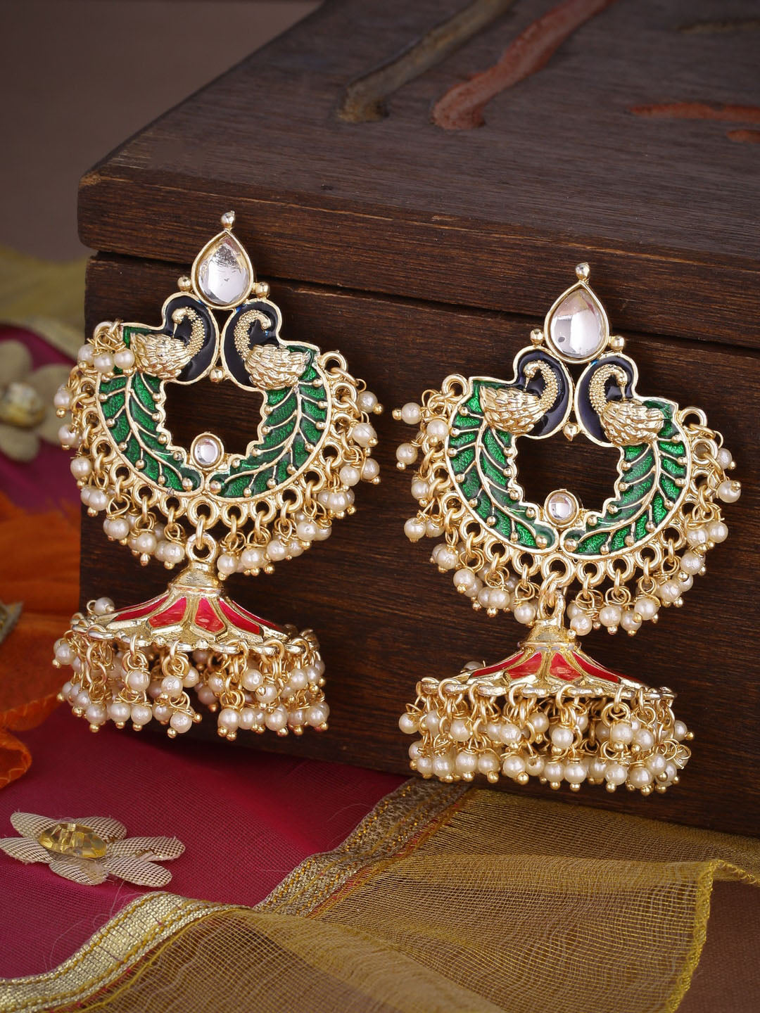 Shoshaa Gold-Polished Green Enamelled Peacock Shaped Jhumkas