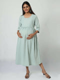 Manet Three Fourth Maternity Dress Striped With Concealed Zipper Nursing Access - Pista Green