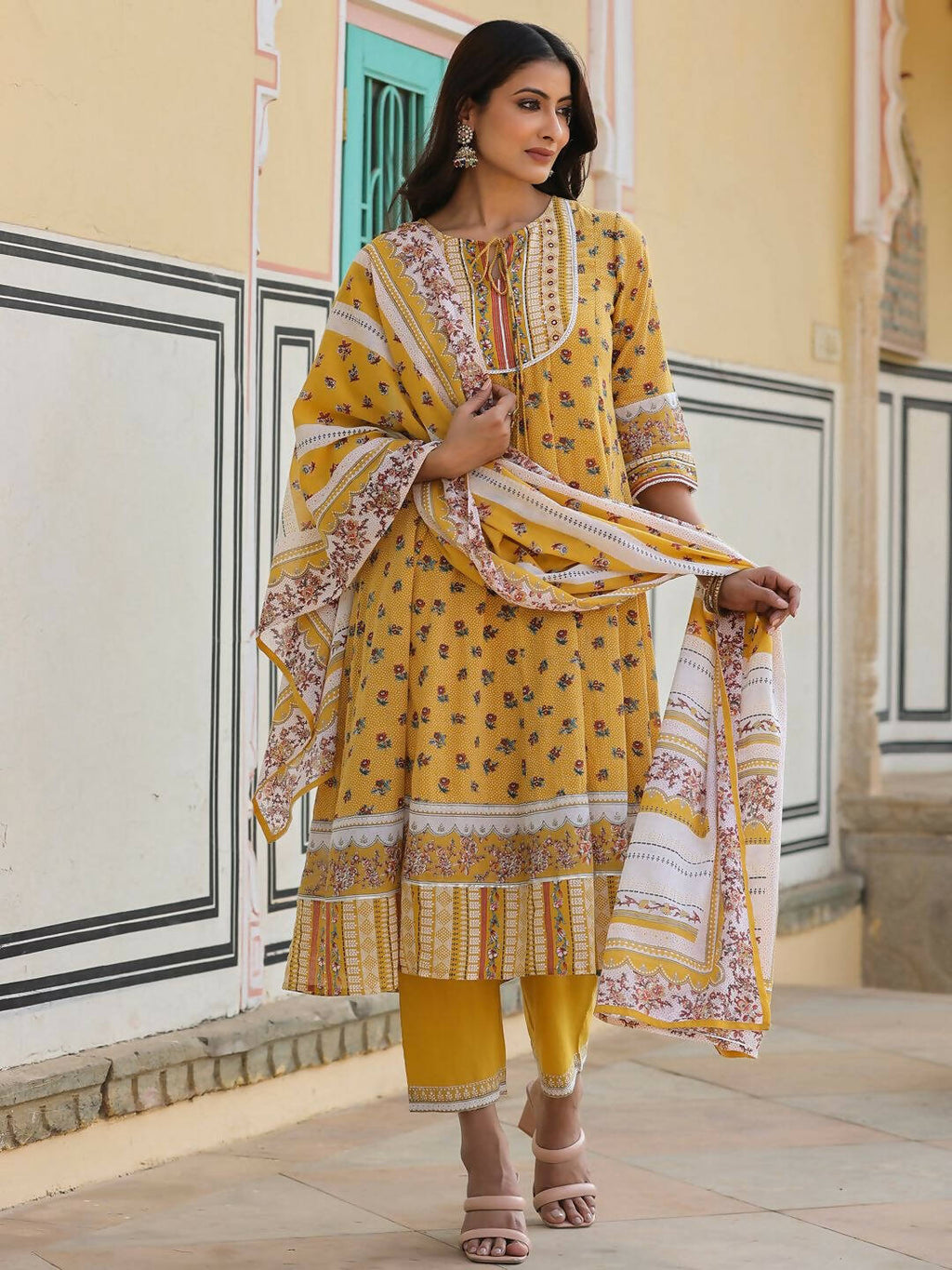 Juniper Women's Mustard Cotton Voile Floral Printed Kurta With Cambric Straight Pant And Voile Duptta