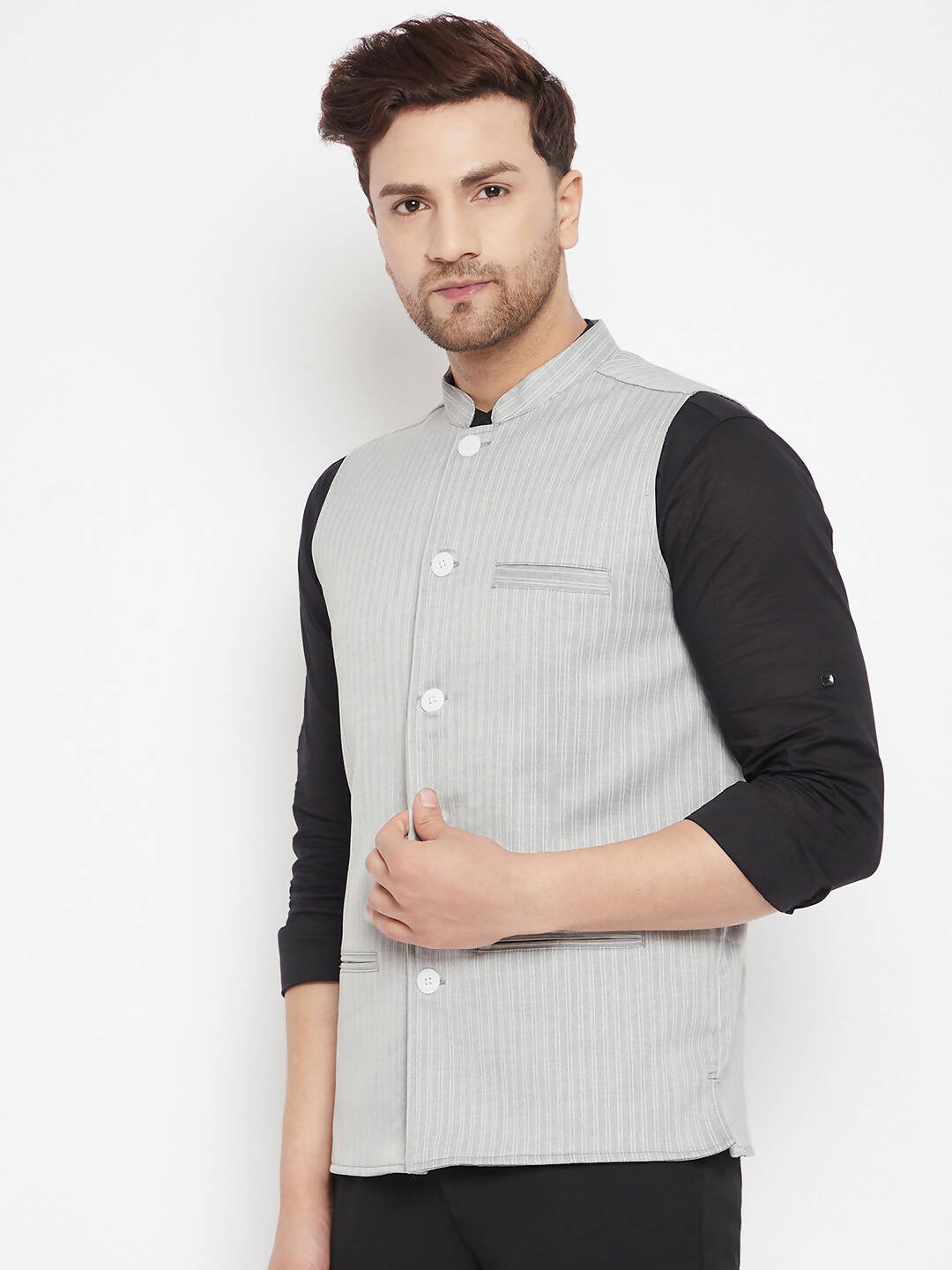 Even Apparels Grey Merino Men Woven Nehru Jacket BF681