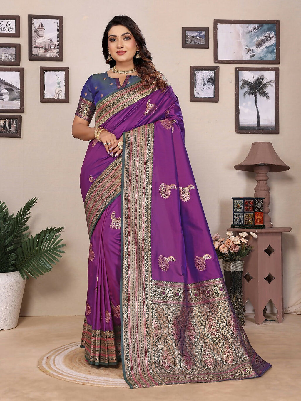 Joban Fashion Banarasi Magenta Small Butti Soft Silk Saree