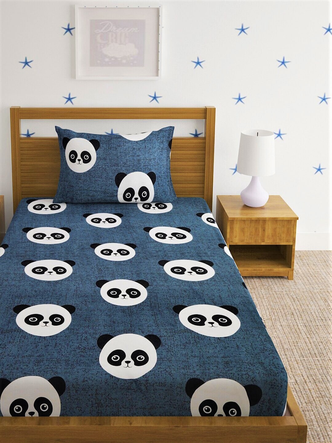 Home Sizzler Grey & White Panda 210 TC Bedsheet with Pillow Cover