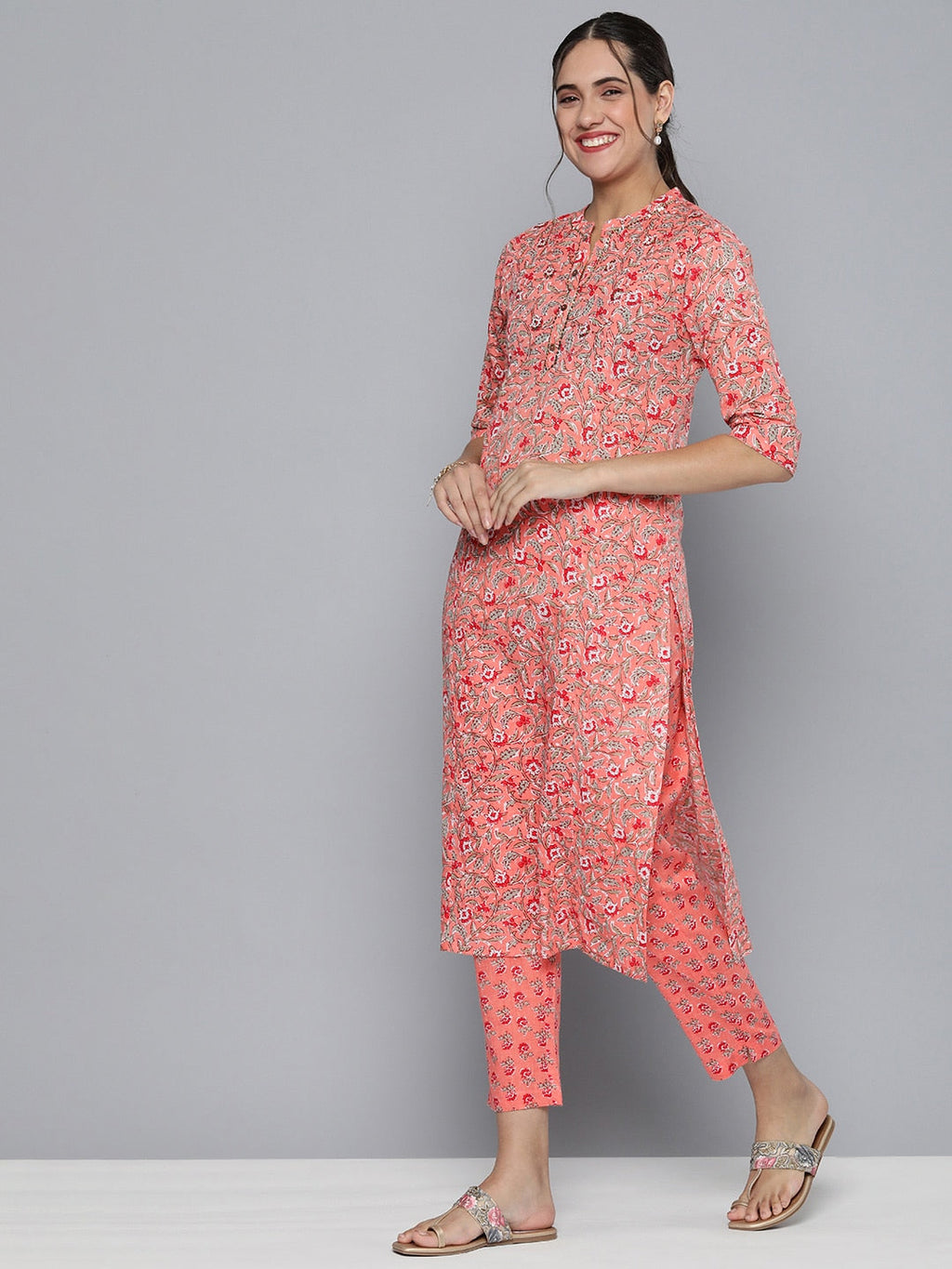 HERE&NOW Women Pink Floral Printed Pure Cotton Kurta with Trousers & With Dupatta
