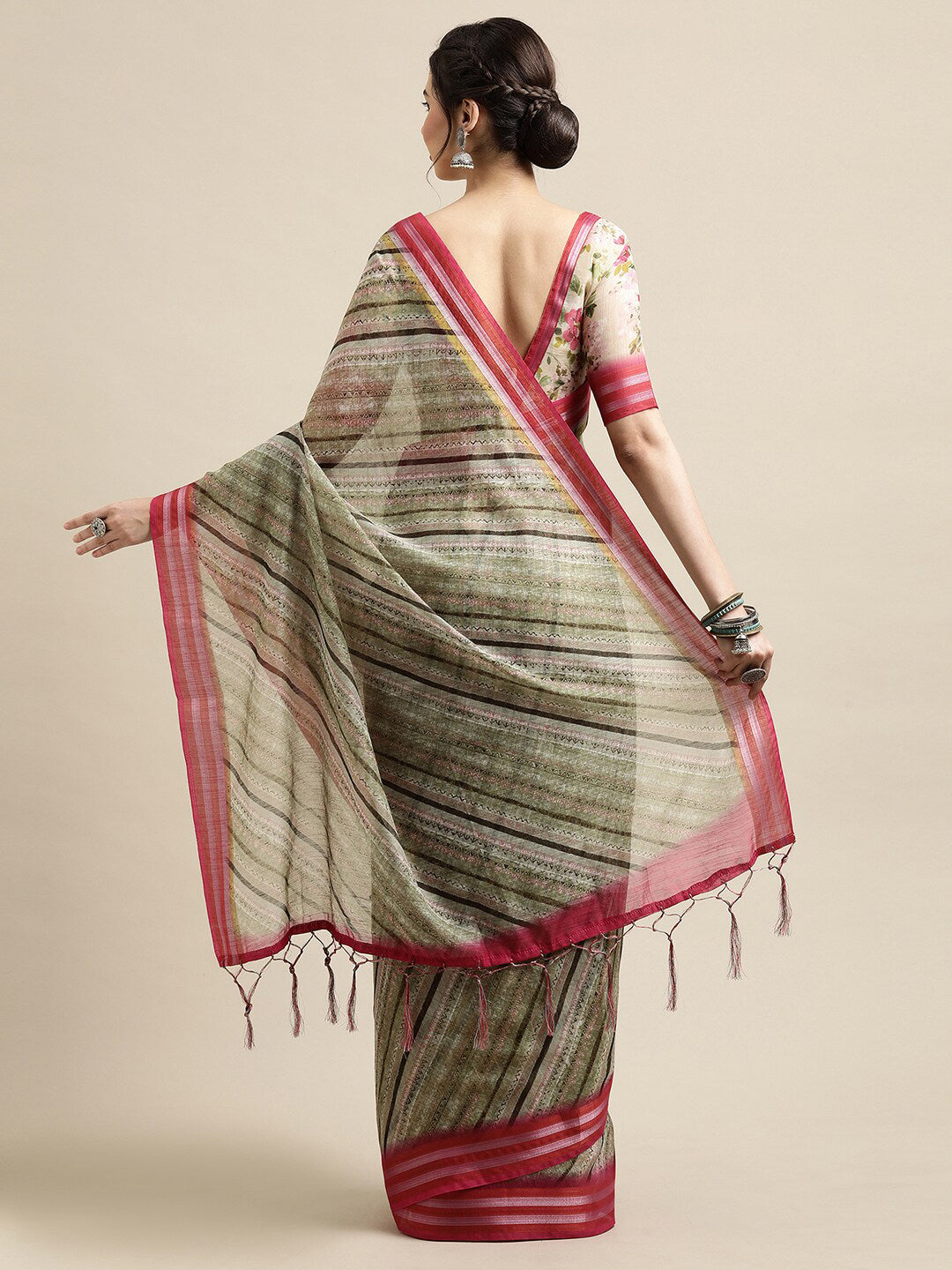 Saree Mall Olive Green & Pink Leheriya Linen Blend Saree