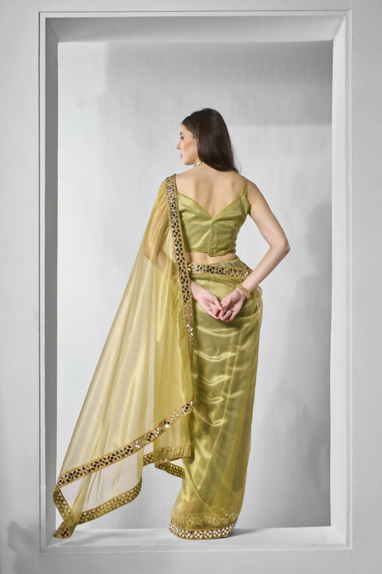 Green Gold Tissue Net Solid & Gold Cotted Saree - Samaa
