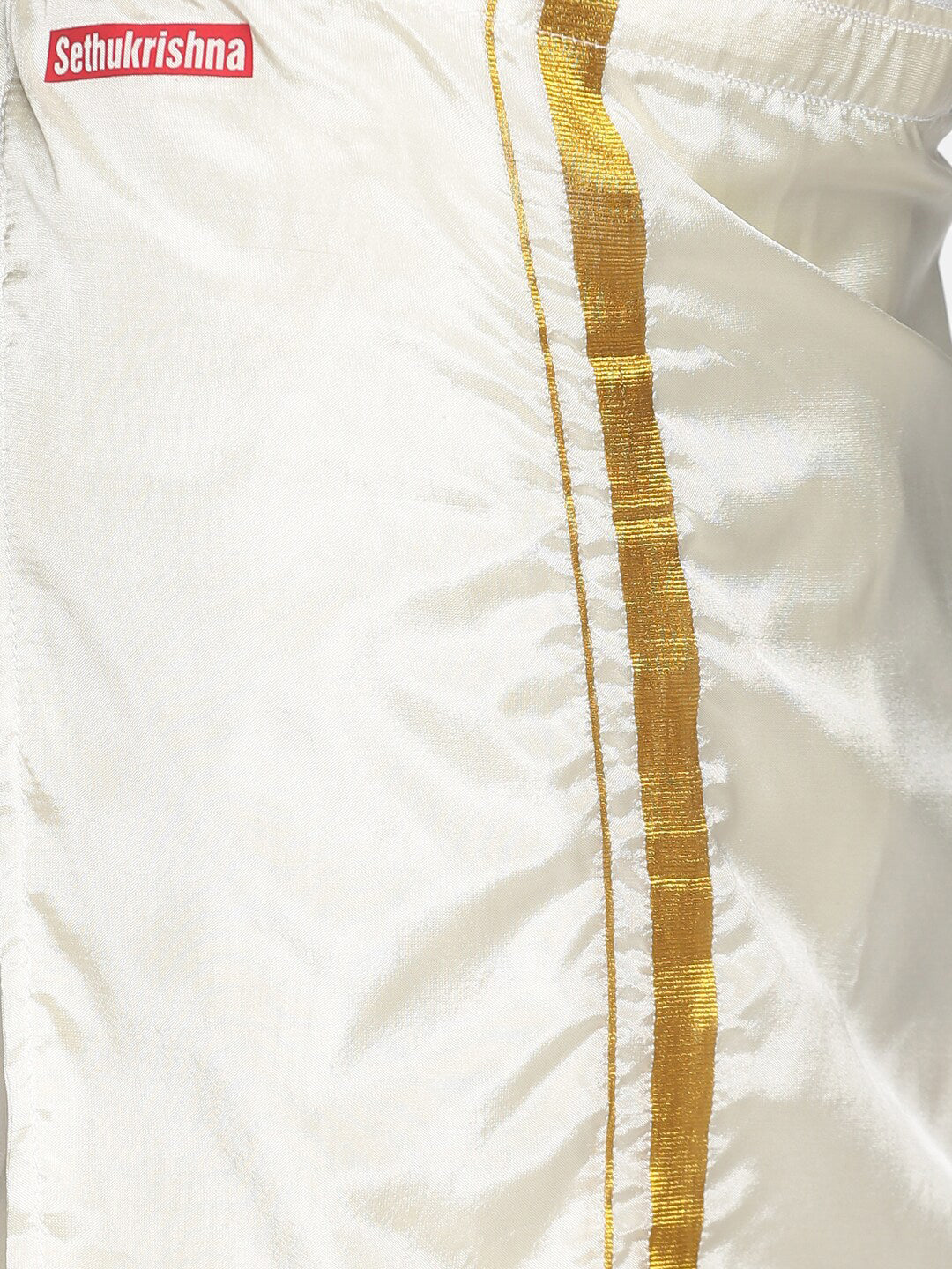 Sethukrishna Boys White & Gold Solid Pure Cotton Shirt & Veshti Set
