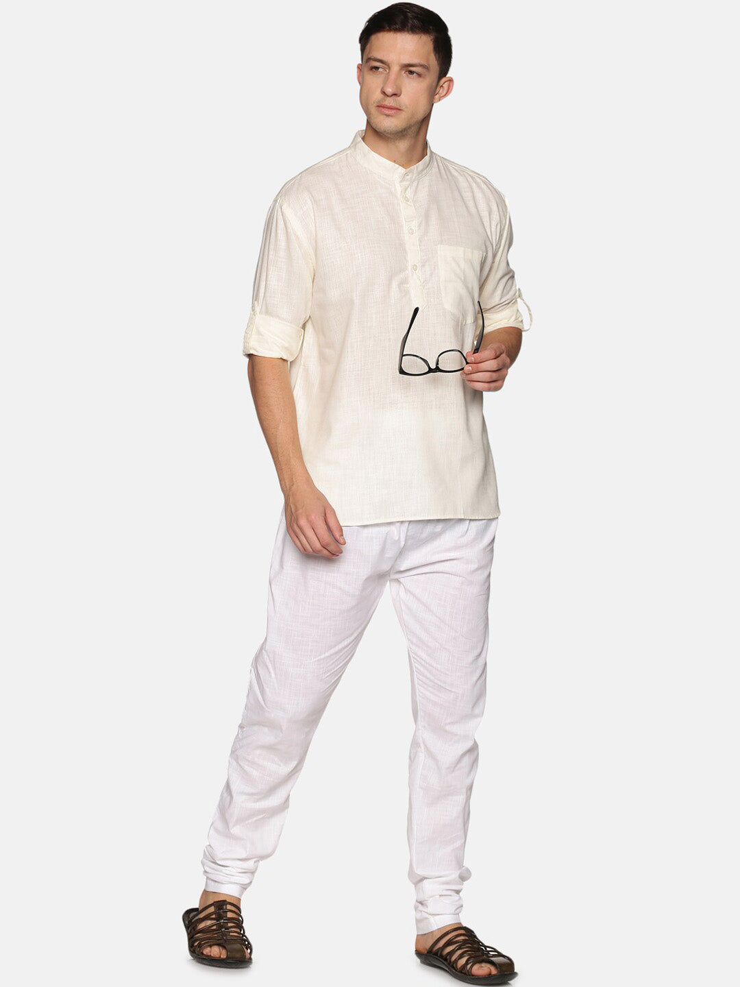 Sethukrishna Men Beige & White Pure Cotton Kurta with Pyjamas