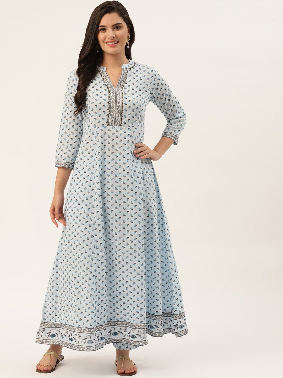HERE&NOW Women Blue Floral Printed Pure Cotton Kurta with Trousers