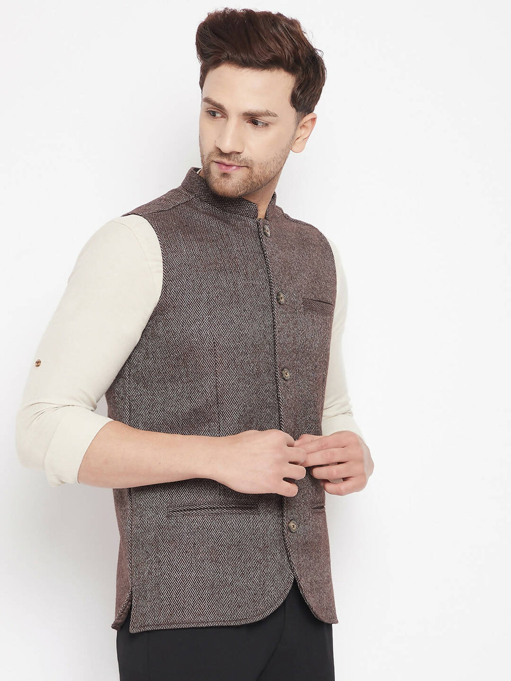 Even Apparels Brown Wool Men Woven Nehru Jacket