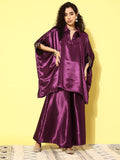 InWeave Women's Wine Navy Brocade Satin Boho Kurta Palazzo Set