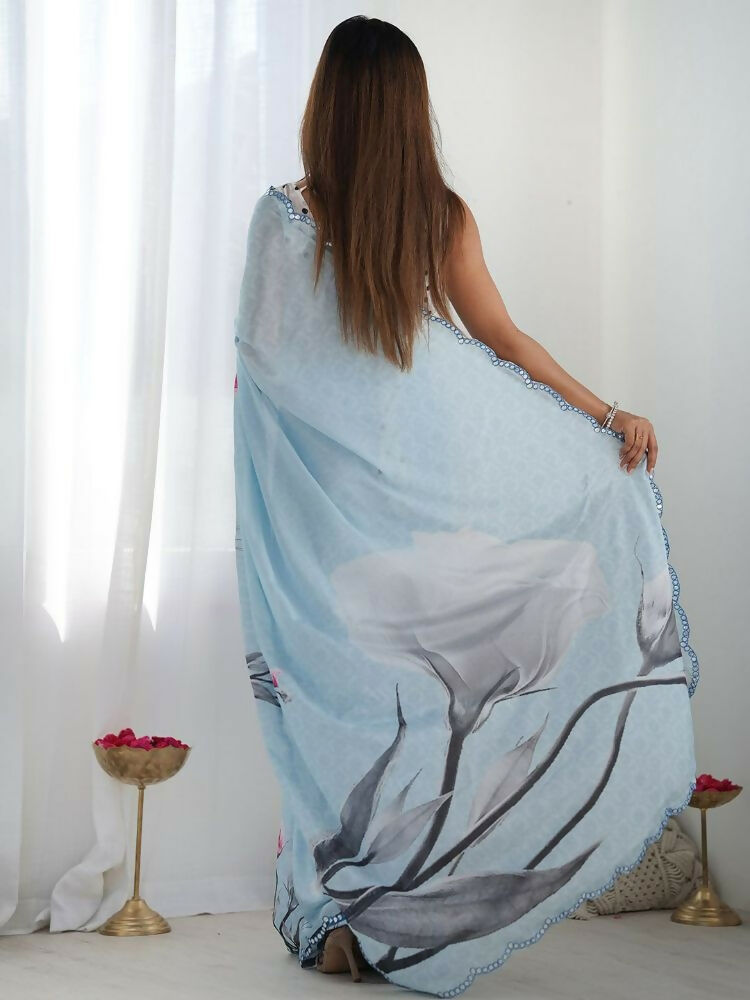 PR Fashion Denim Blue Georgette Digital Print With Mirror Work Saree