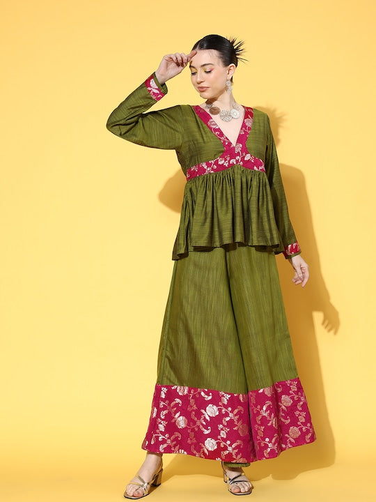 InWeave Women's Olive Pink Brocade Mughal Shaan Kurta Palazzo Set