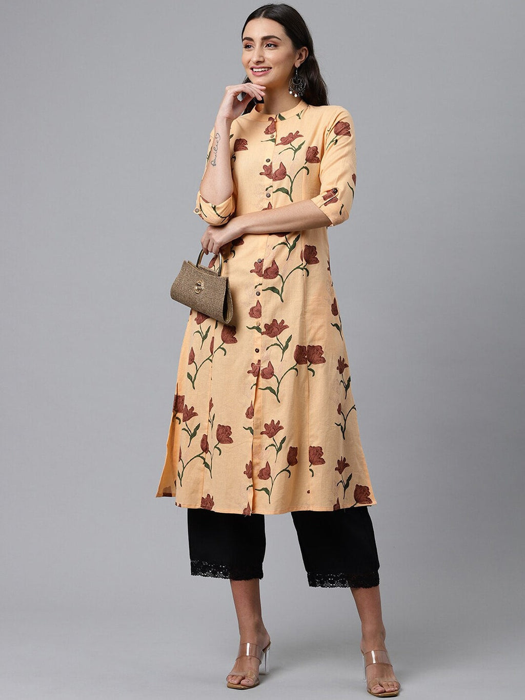 HERE&NOW Women Orange & Brown Floral Printed A-Line Kurta