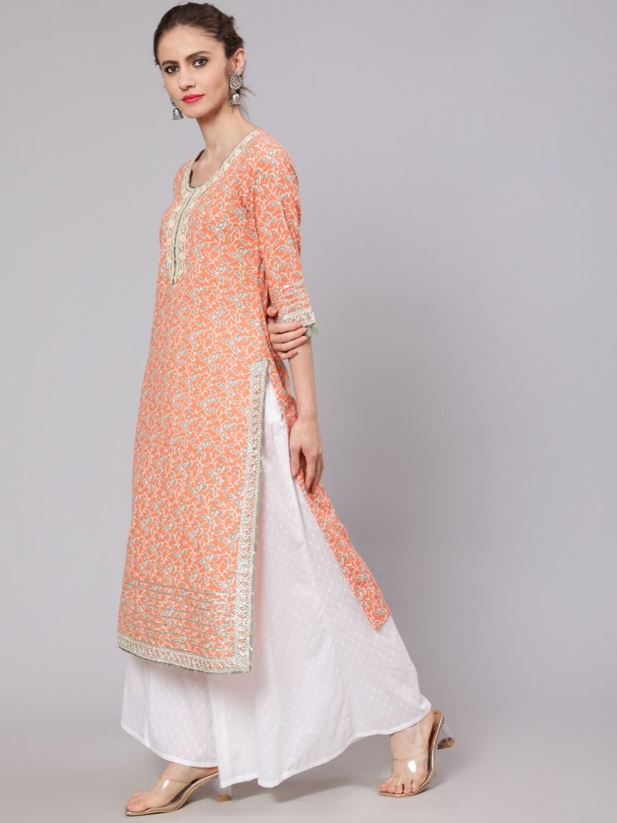 Aks Floral Printed Round Neck Cotton Straight Kurta