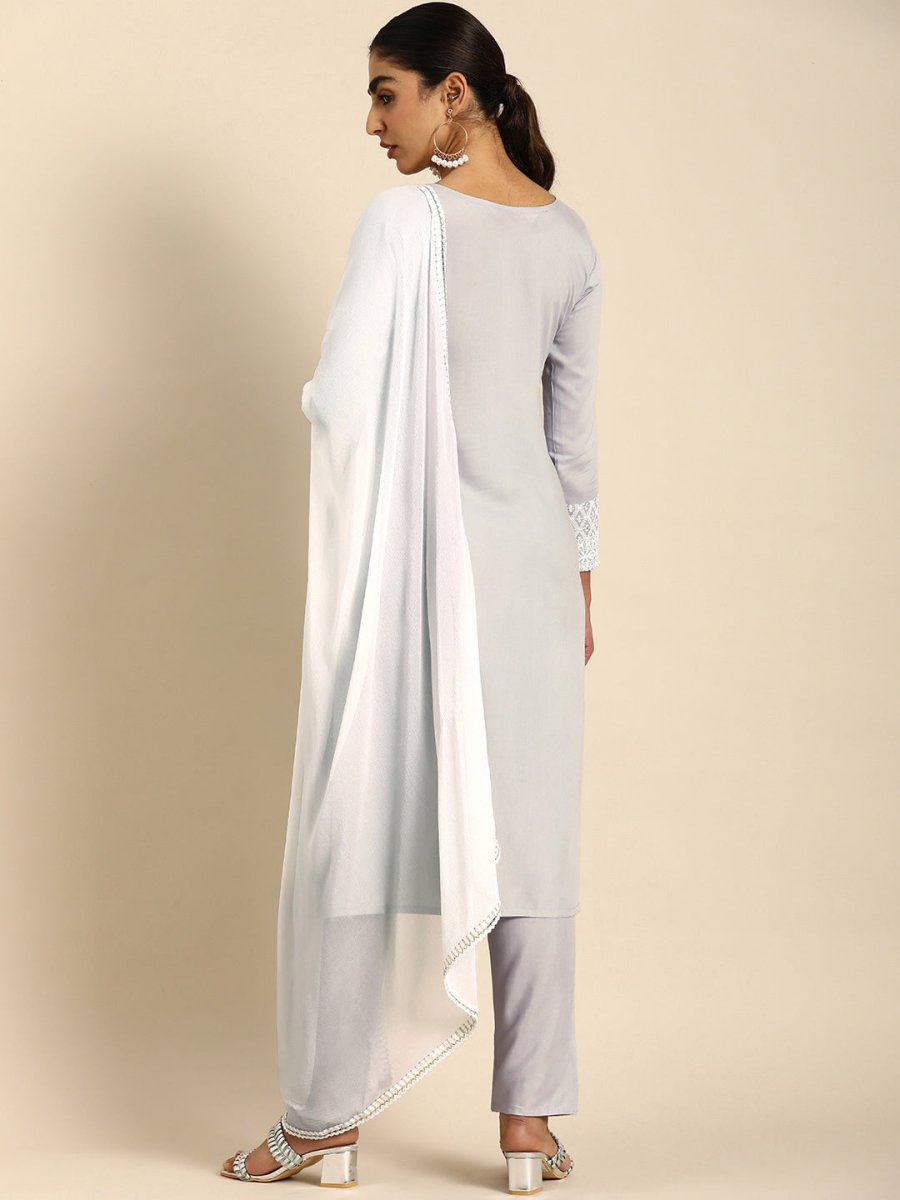 All About You Women Embroidered Chikankari Kurta With Trousers & With Dupatta