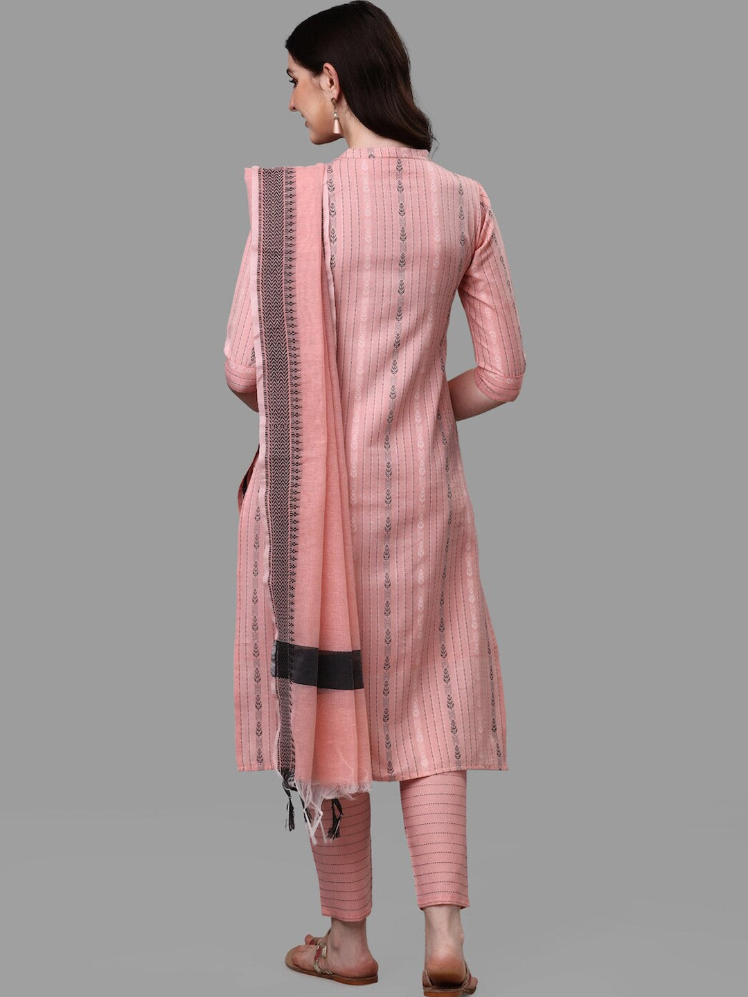 HERE&NOW Women Peach Striped Pure Cotton Kurta with Trousers & With Dupatta