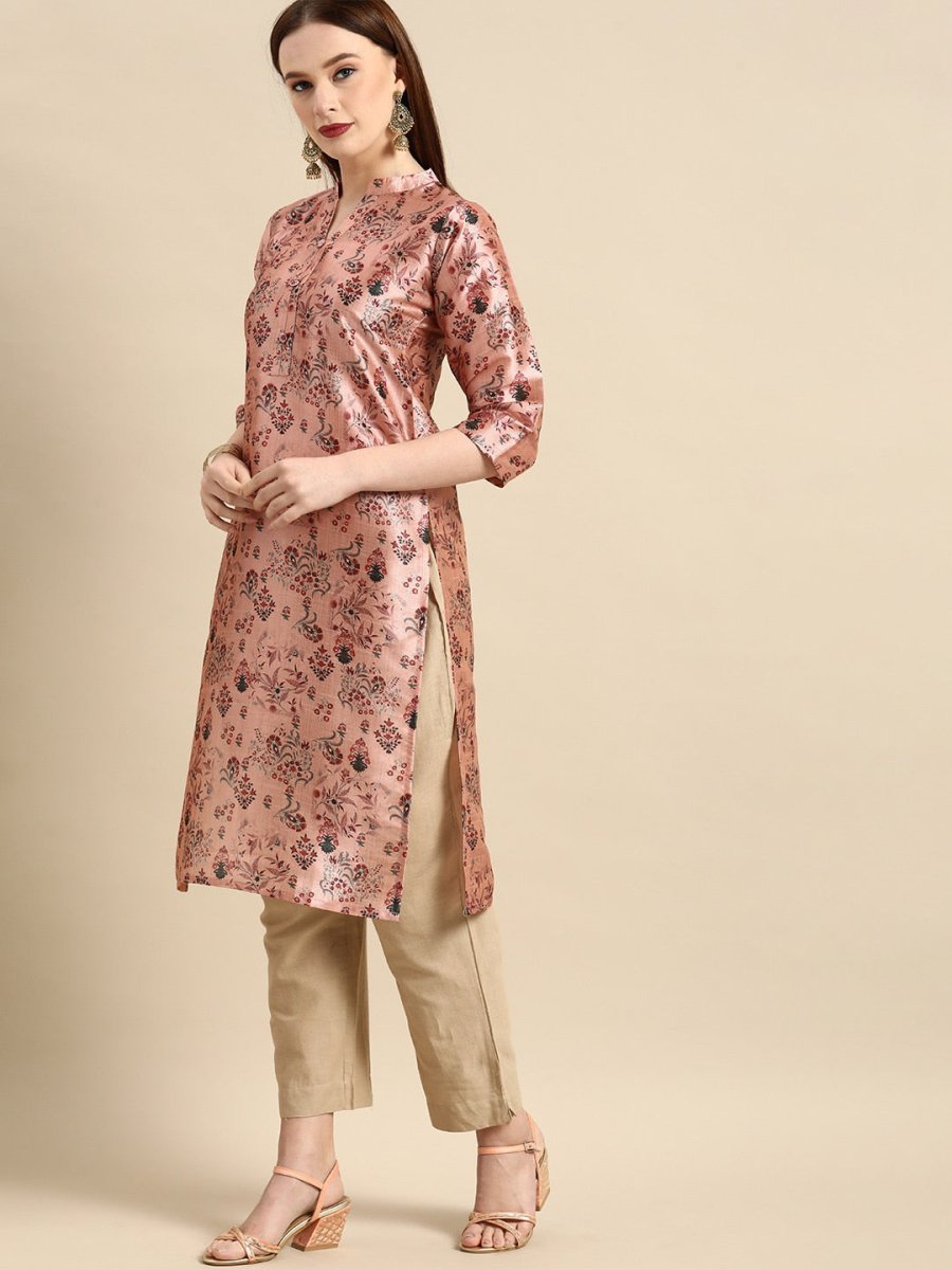 All About You Women Dusty Pink Floral Block Print Chanderi Silk Blend Straight Kurta