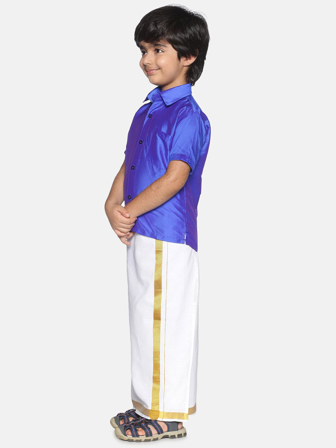 Sethukrishna Boys Blue & White Solid Shirt with Veshti Set