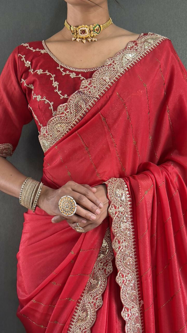 Vastranavya Red Georgette Silk Swarovski & Heavy Lace Work Ready to Wear Saree