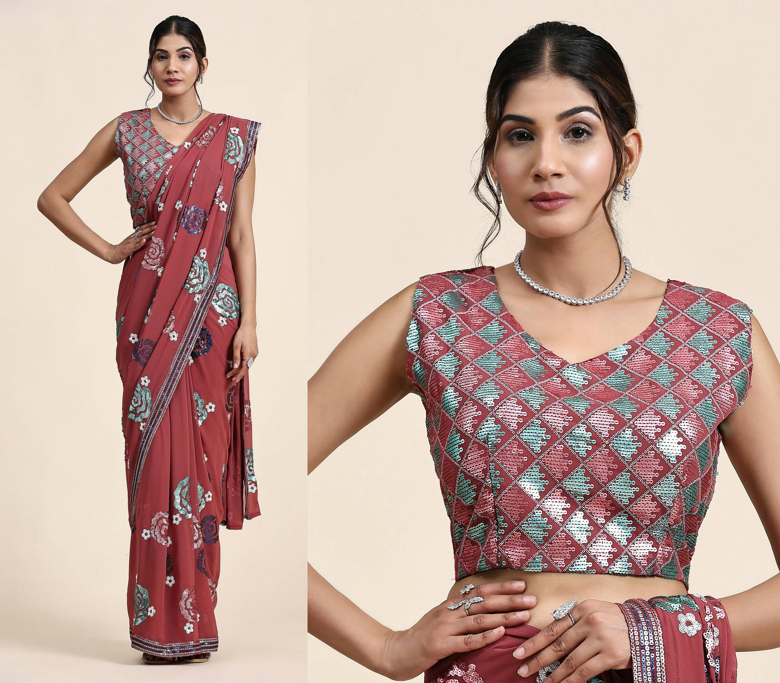 Peach Pure Georgette Sequence work Ready to wear Saree with stitched Blouse - Nirvana
