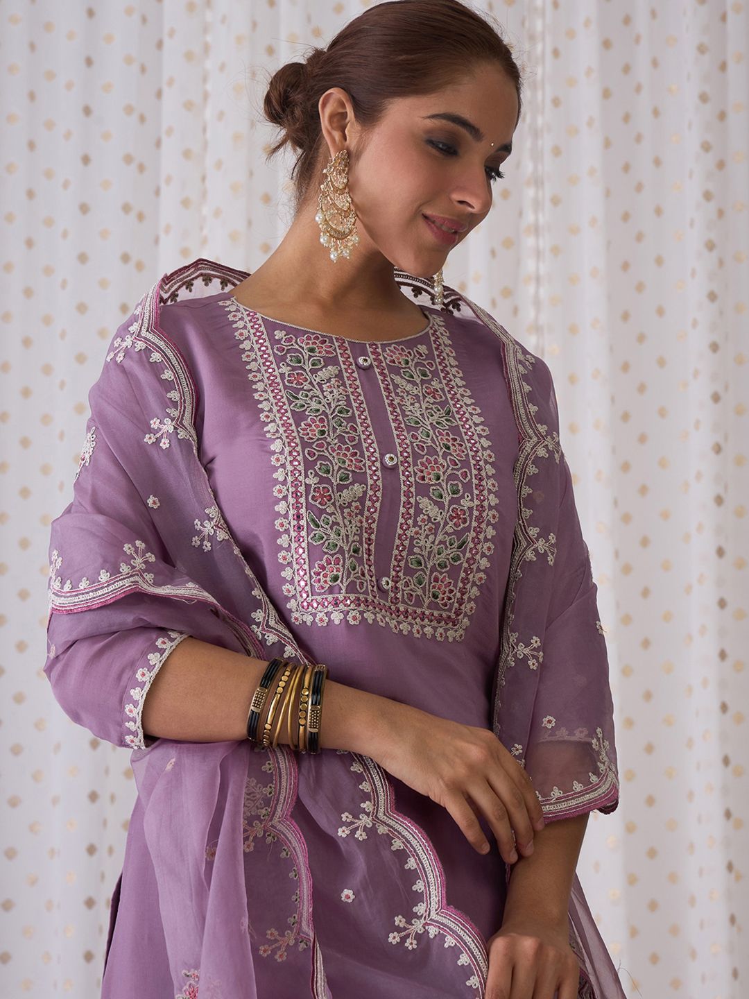 Indo Era Women Floral Yoke Design Regular Thread Work Kurta with Trousers & Dupatta