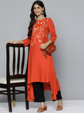 HERE&NOW Mirror Work Embroidered Keyhole Neck Asymmetric Dipped Hem Kurta