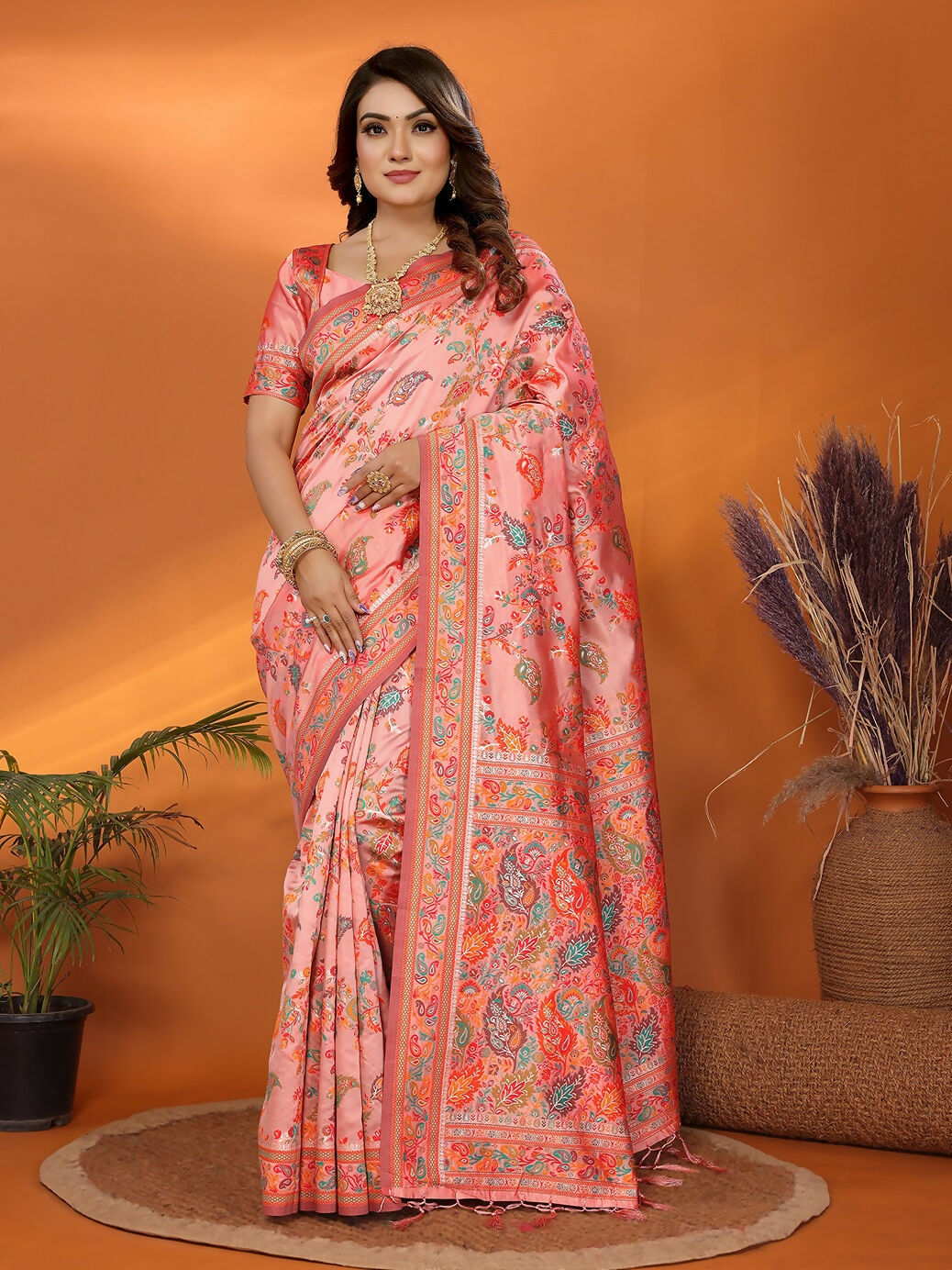 Joban Fashion Peach Meena Weaves Pashmina Sarees