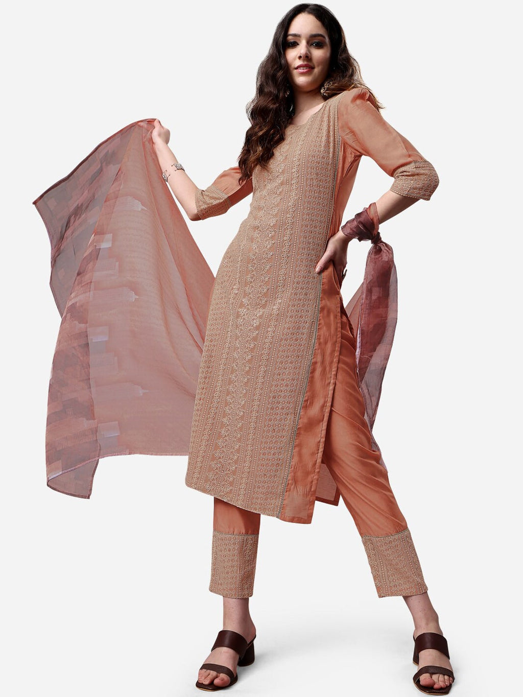 HERE&NOW Lucknowi Chikankari Schiffli Chanderi Silk Kurta Trousers with Organza Dupatta