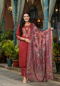 Juniper Women's Brown Thread Embroidered Liva Rayon Kurta Pant And Dupatta Set With Sequins