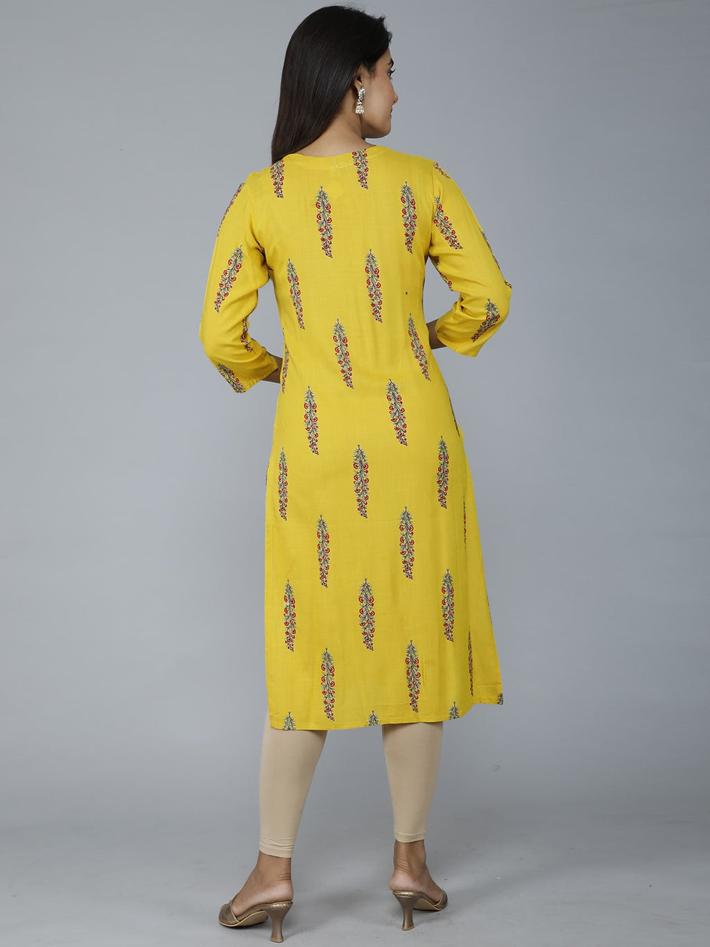 HERE&NOW Women Mustard Yellow Floral Mirror Work Floral Kurta