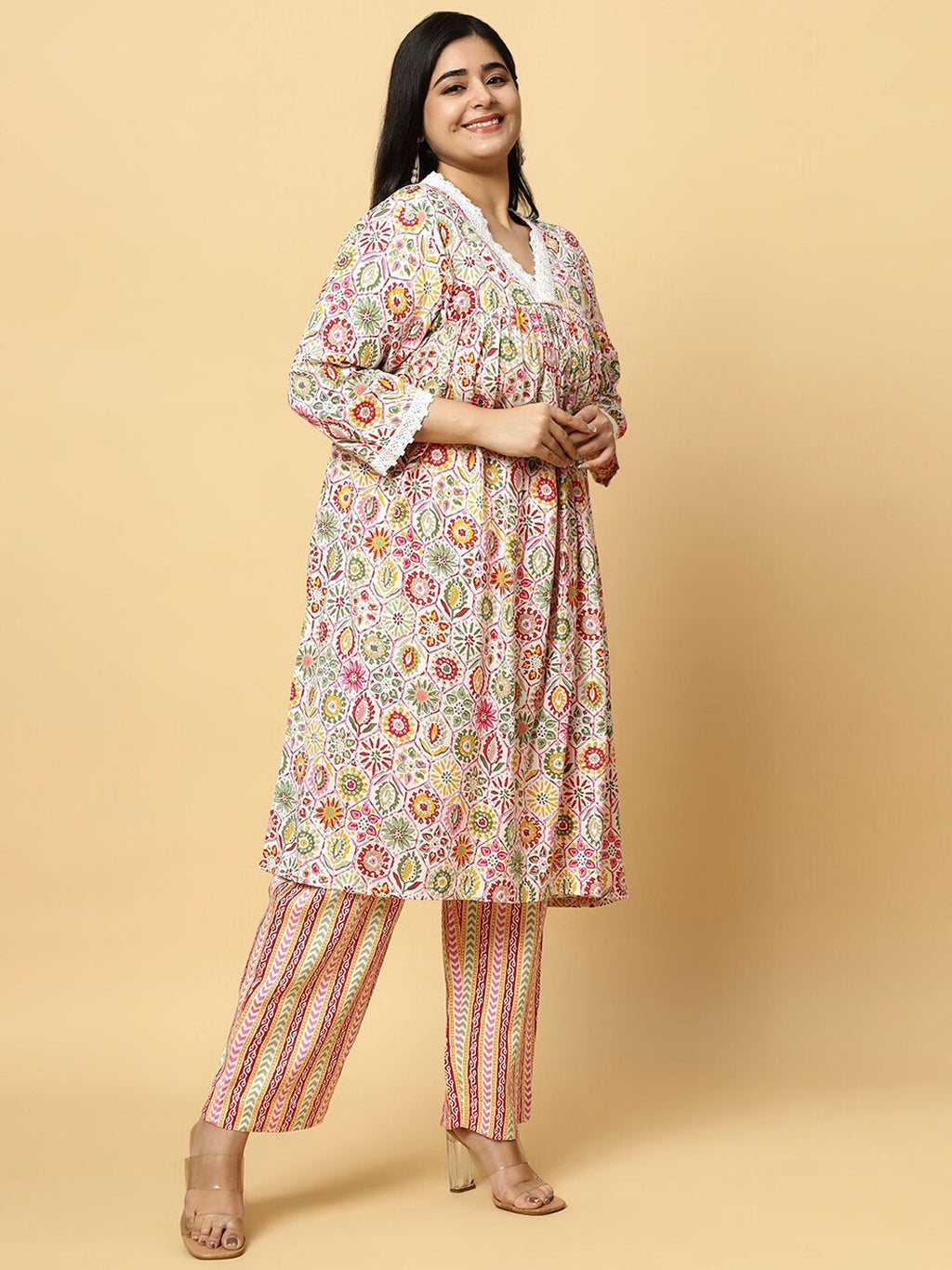 Sztori Plus Size Floral Printed V- Neck Pleated Pure Cotton A-Line Kurta With Lace Detail