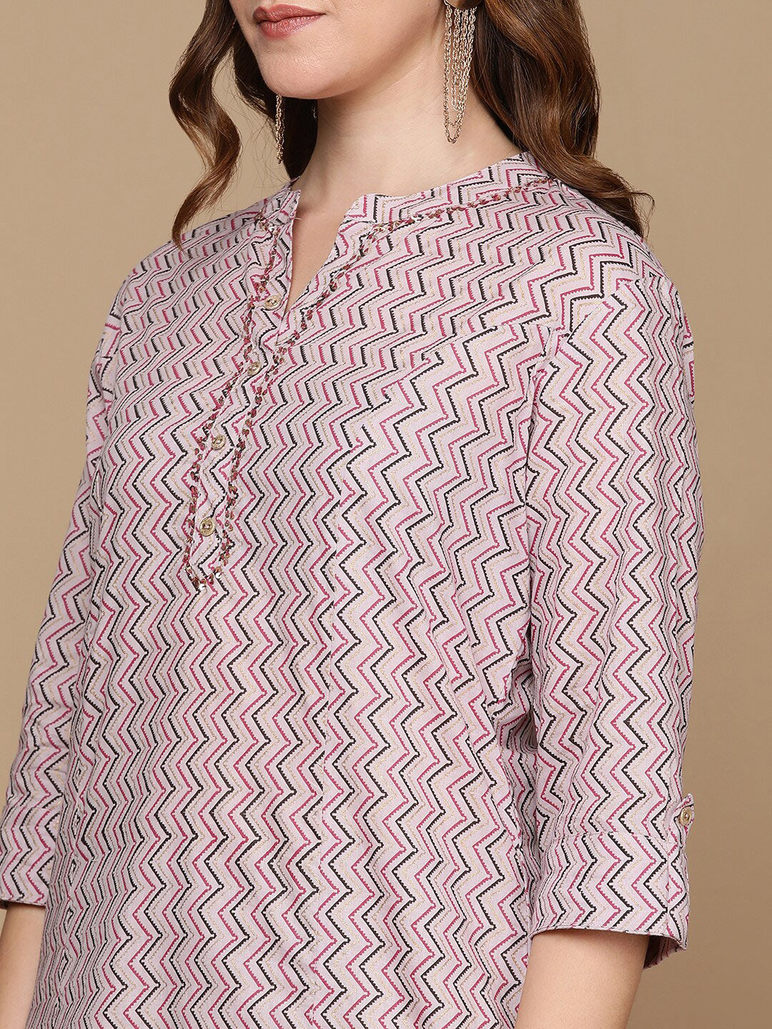 HERE&NOW Pink & Brown Chevron Printed Sequined Pure Cotton Kurta