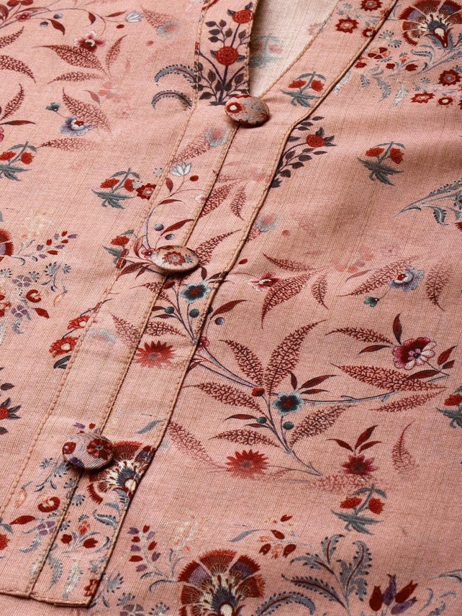 All About You Women Dusty Pink Floral Block Print Chanderi Silk Blend Straight Kurta