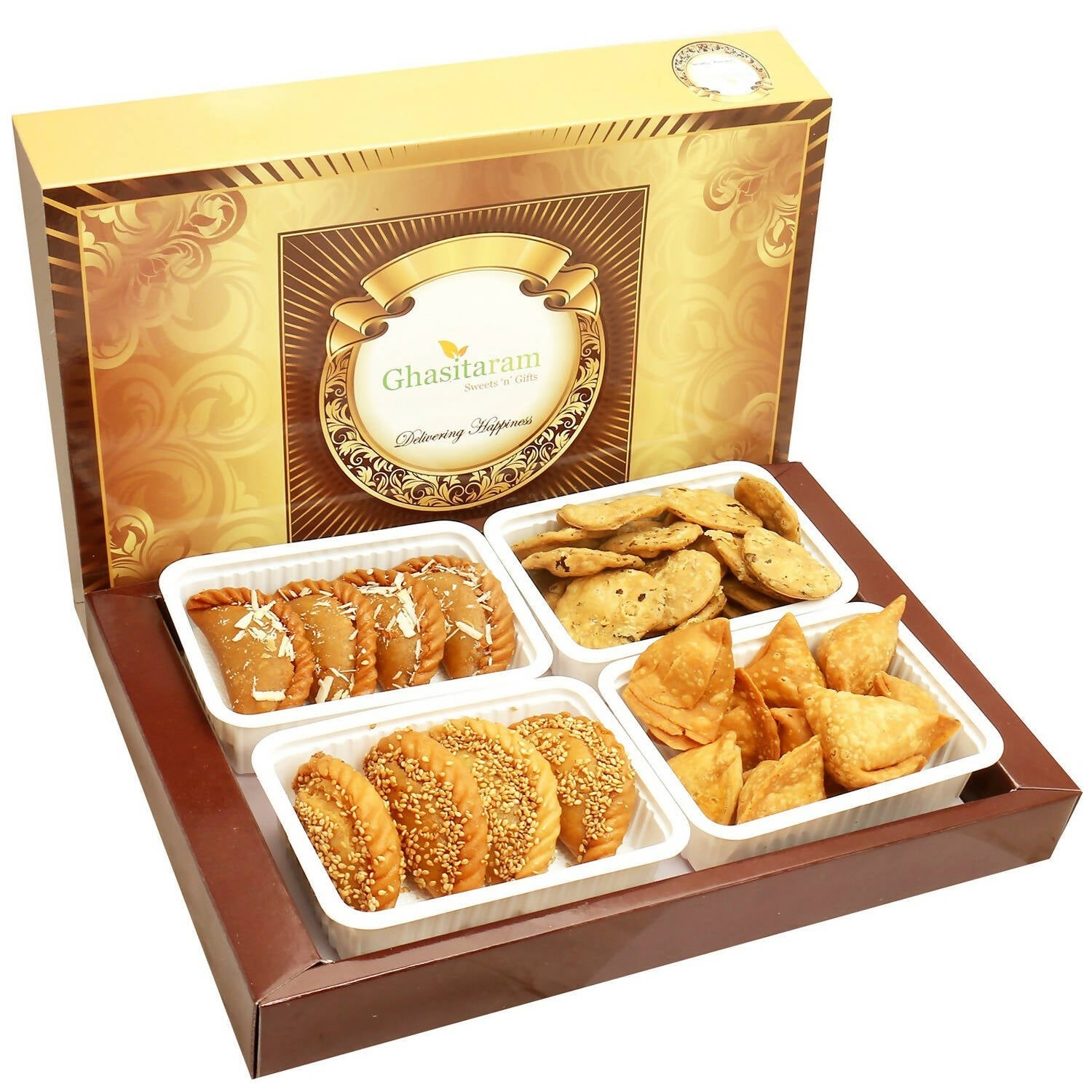 Ghasitaram Holi Hampers: Big Box of Traditioal Gujiyas, Til/ Sesame Gujiyas, Farsan Samosas and Methi Mathi Hamper
