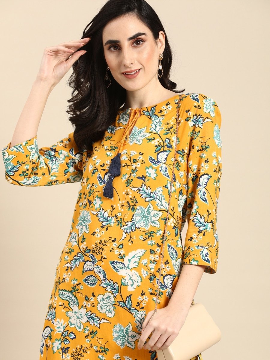 All About You Women Mustard Yellow & White Floral Printed Kurta with Trousers