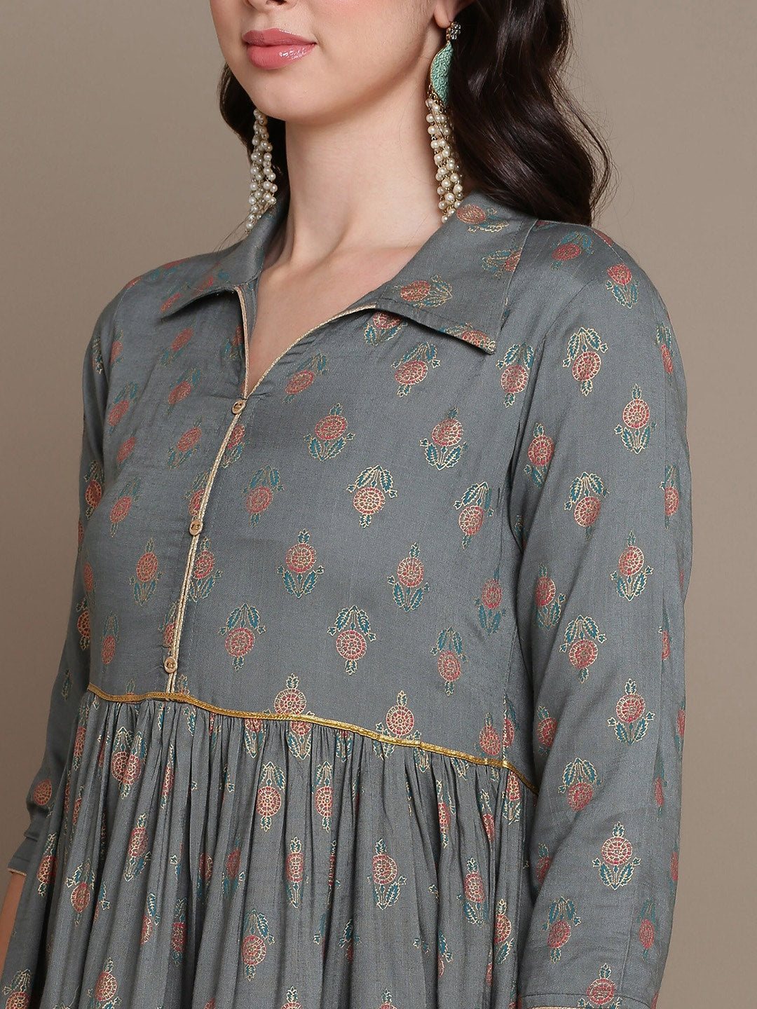 HERE&NOW Ethnic Motifs Printed Shirt Collar Tiered Pure Cotton A-Line Kurta