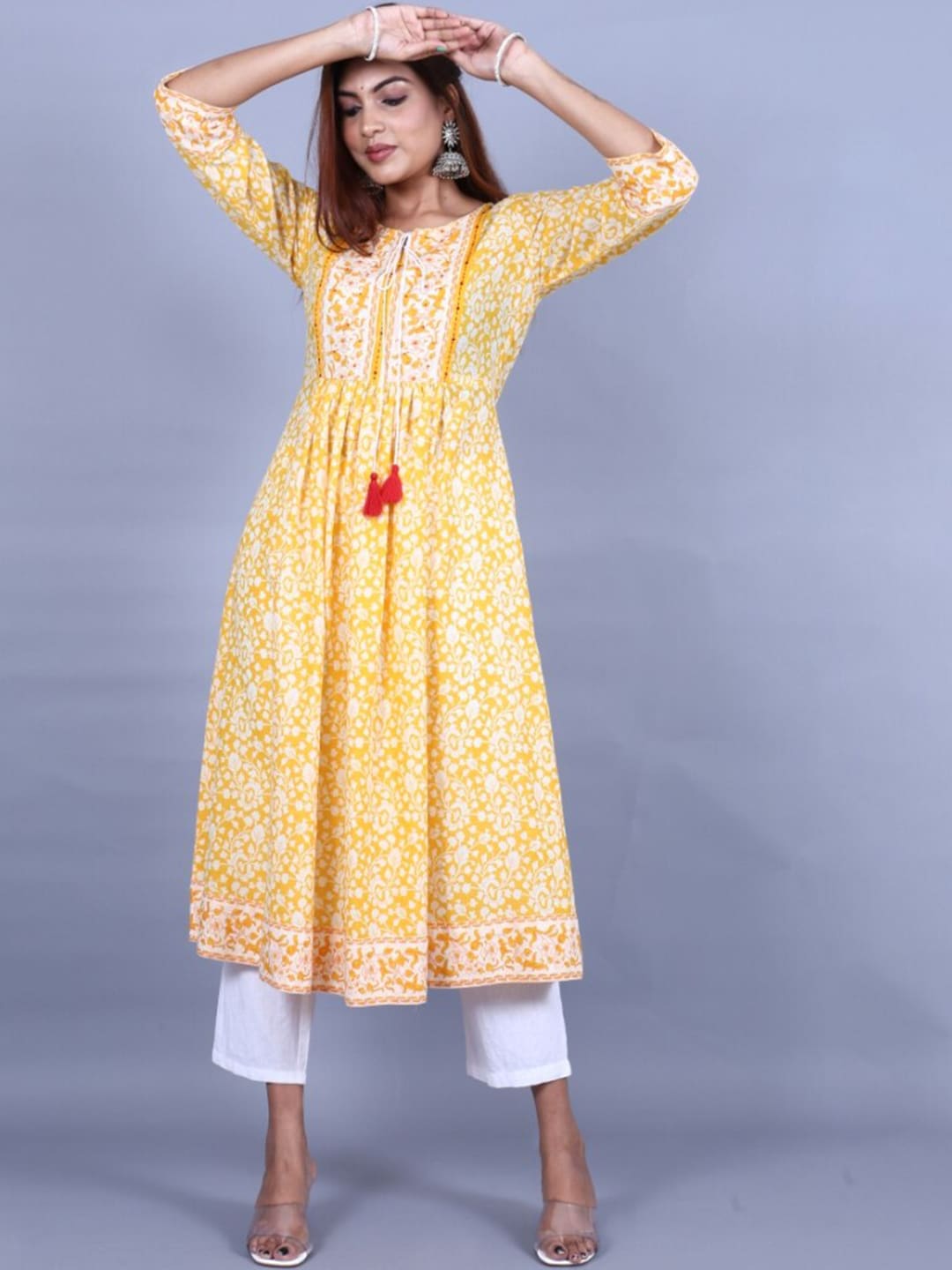 HERE&NOW Women Yellow Floral Printed Sequined A-Line Kurta with Trousers