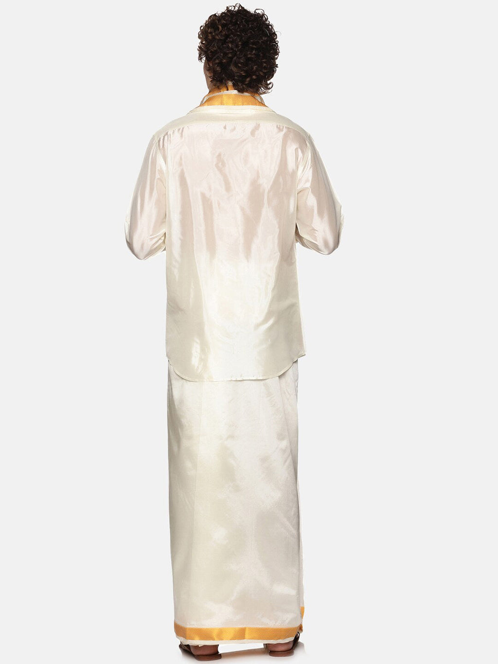 Sethukrishna Men Cream-Coloured Solid Art Silk Dhoti With Angavastram