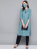 HERE&NOW Women Blue White Printed Straight Kurta