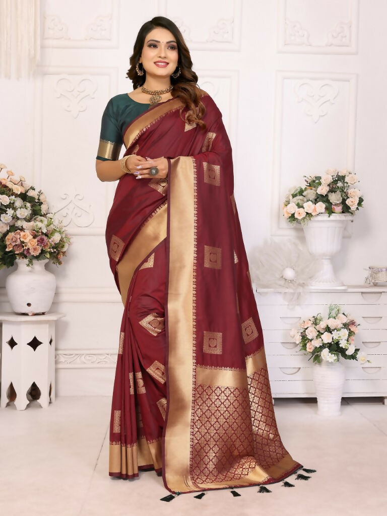 Anaita Brown Soft Silk With Zari Weaving Borders Saree With Blouse