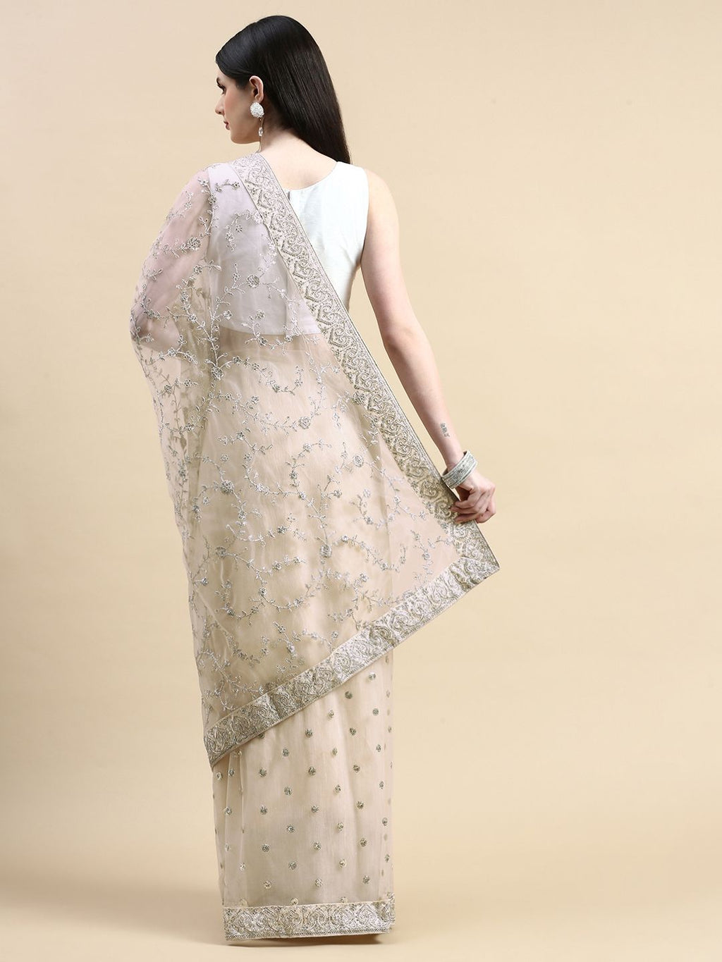 kasee Floral Embroidered Sequinned Net Saree