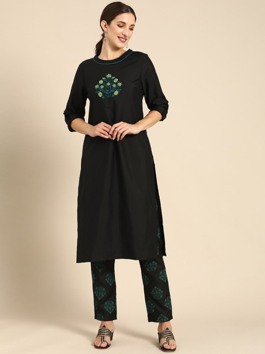 All About You Women Black Floral Yoke Design Regular Thread Work Kurta with Trousers