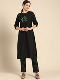 All About You Women Black Floral Yoke Design Regular Thread Work Kurta with Trousers