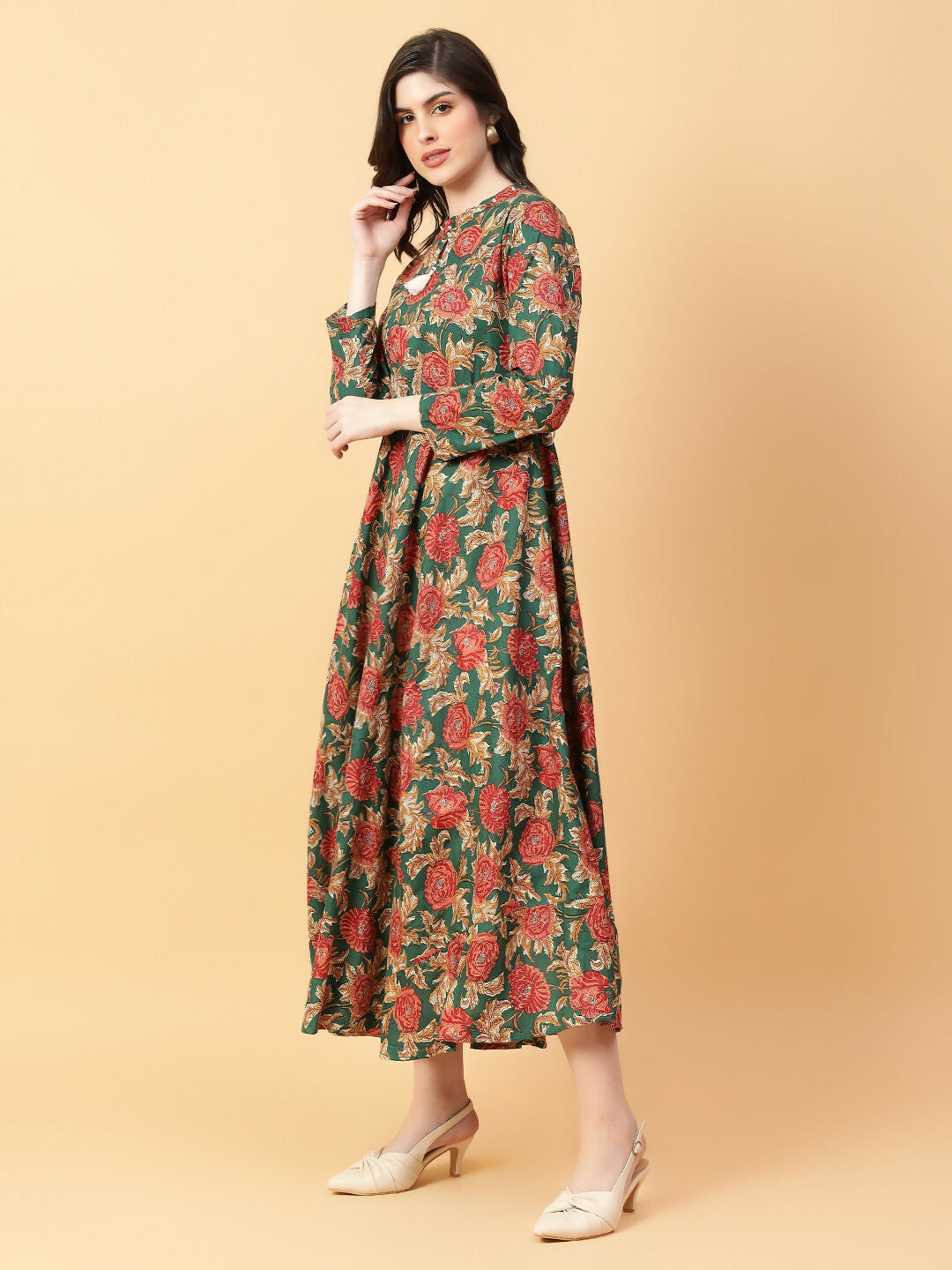 Joban Fashion Green Cotton Printed & Hand Work Dress