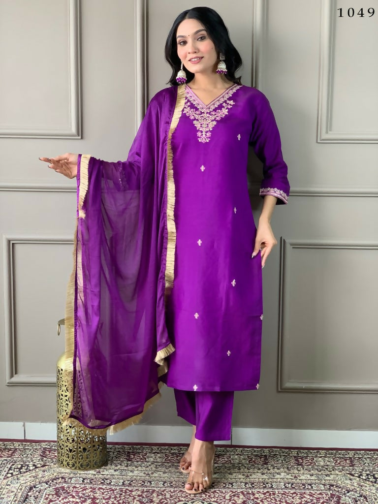 Partywear Designer Viscose Chanderi Wine Stitched Suit With Dupatta - Tanisha