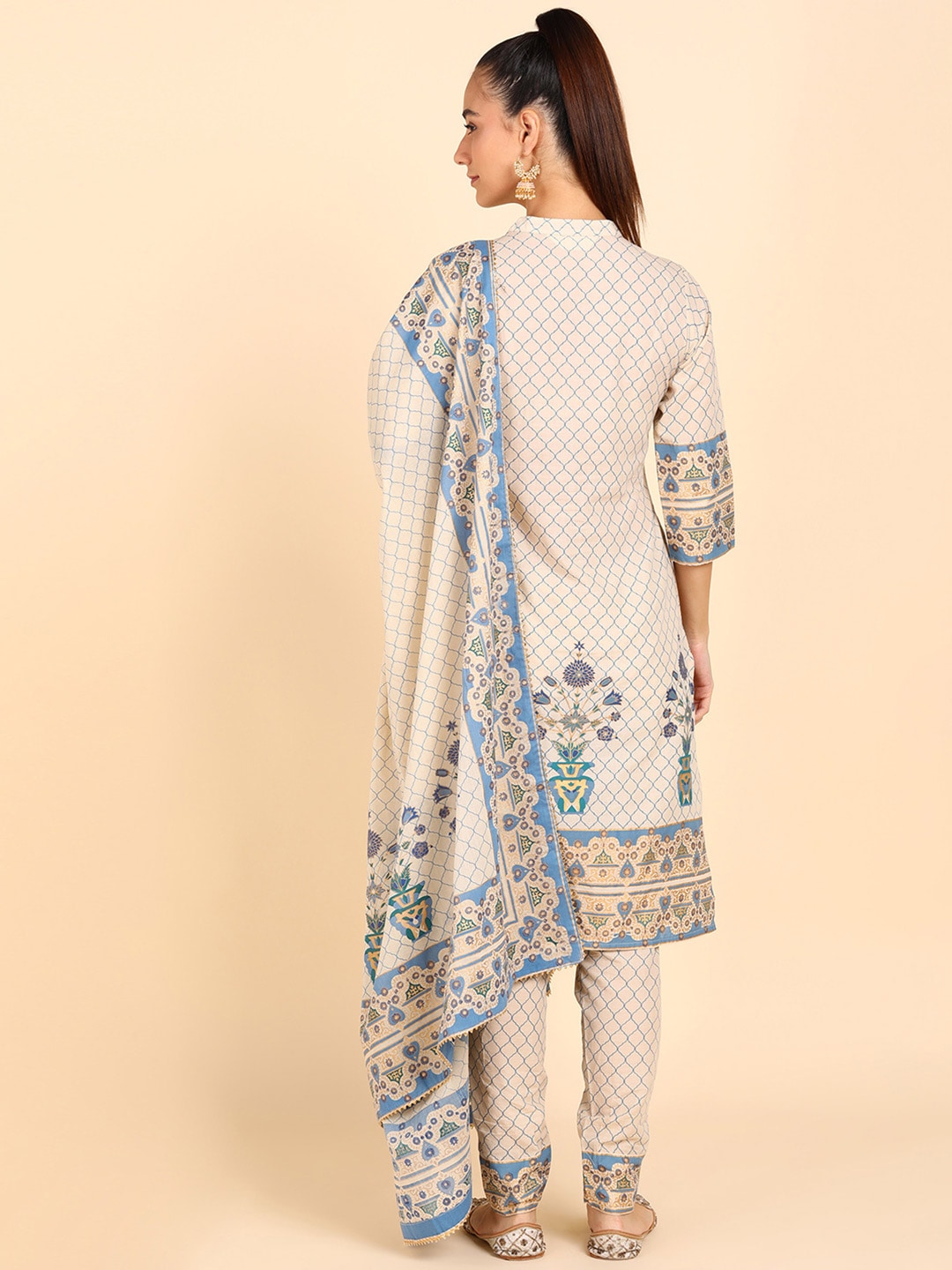 HERE&NOW Women Blue Floral Printed Pure Cotton Kurta with Trousers & With Dupatta