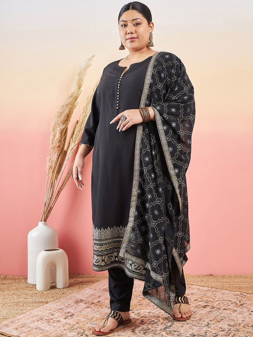 Sztori Paisley Printed Round Neck Straight Kurta With Trouser & Dupatta